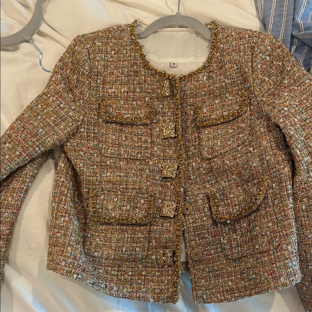 NWOT. Never worn. Women's Tweed Jacket - Multicolor. Gold buttons. Snap closure